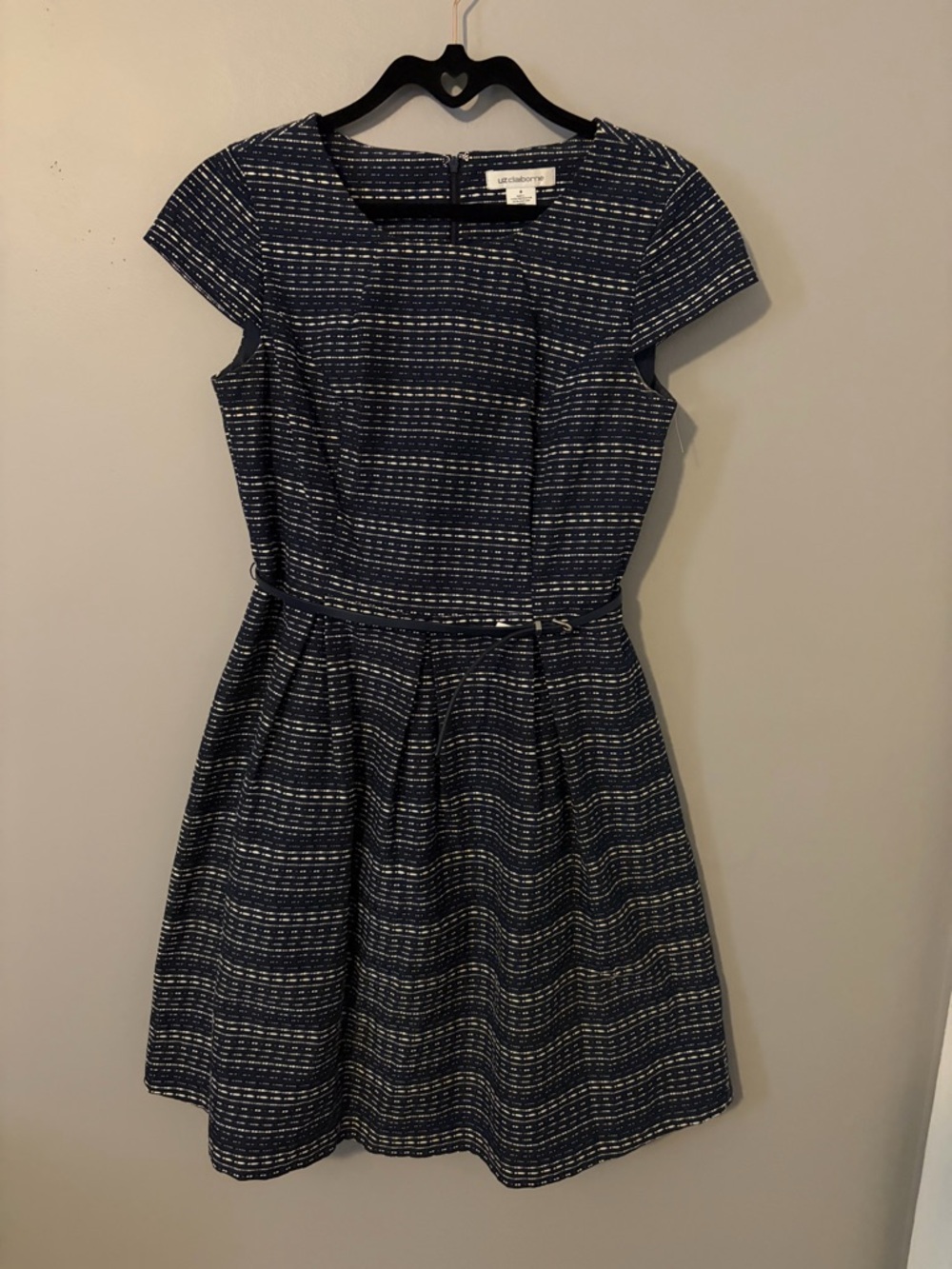 Elizabeth Claibourne White House Black Market Navy Textured Fit-and-Flare Dress